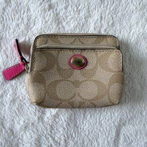 Coach Beige Signature Canvas Wristlet with Pink Trim